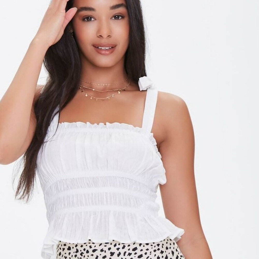 Forever 21 White Smocked Ruffled Tank Top